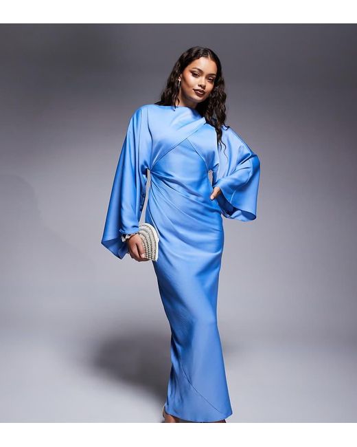 ASOS Blue Asos Design Petite Wrap Front Batwing Satin Bias Maxi Dress