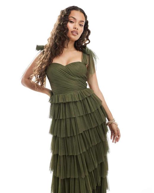 LACE & BEADS Green Bow Shoulder Tulle Maxi Dress