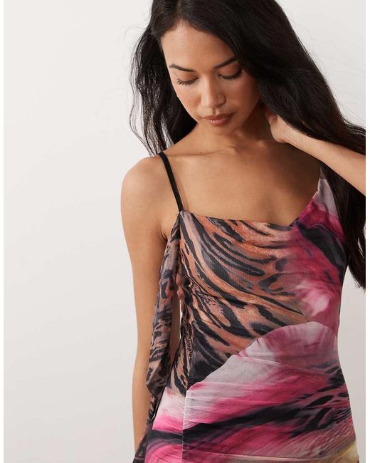 Murci Purple Premium Mesh Cowl Detail Drape Thigh Slit Maxi Dress
