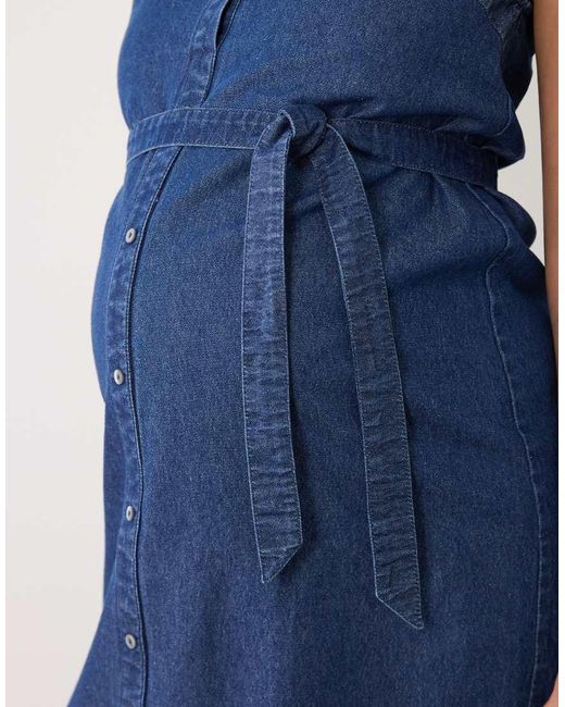Mama.licious Blue Mamalicious Maternity Sleeveless Tie Waist Button Front Denim Mini Dress