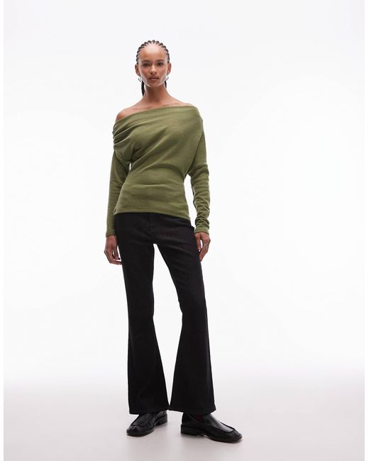 ASOS Green Supersoft Ruched Off Shoulder Long Sleeve Top