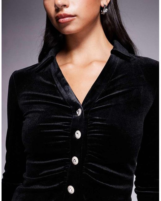 New Look Black Velvet Diamante Button Shirt