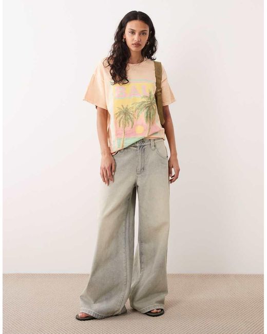 Miss Selfridge Natural Oversized T-shirt With Beach Bali Print