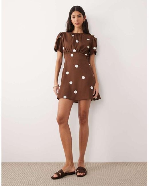Wednesday's Girl Short Sleeve Brown Polka Dot Mini Dress