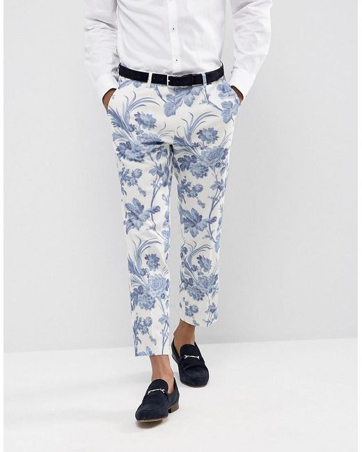 ASOS Wedding Skinny Suit Pants In Blue And White Cotton Floral Print for men