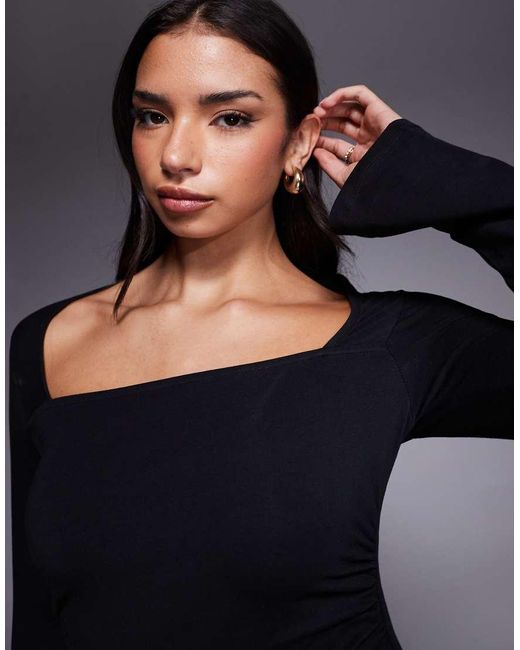 ASOS Midi Jurk Met Vierkante Hals En Lange Mouwen in het Blue