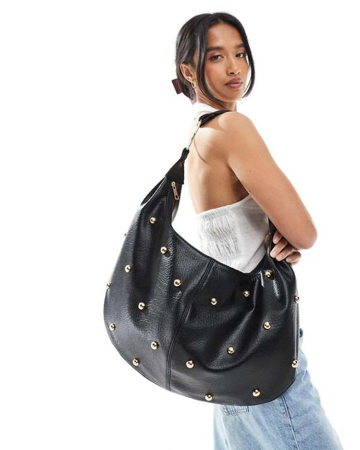 New Look Black Studded Slouch Shoulder Bag