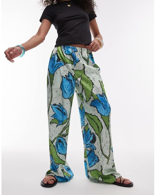 TOPSHOP And Blue Floral Pull On Satin Wide Leg Trouser