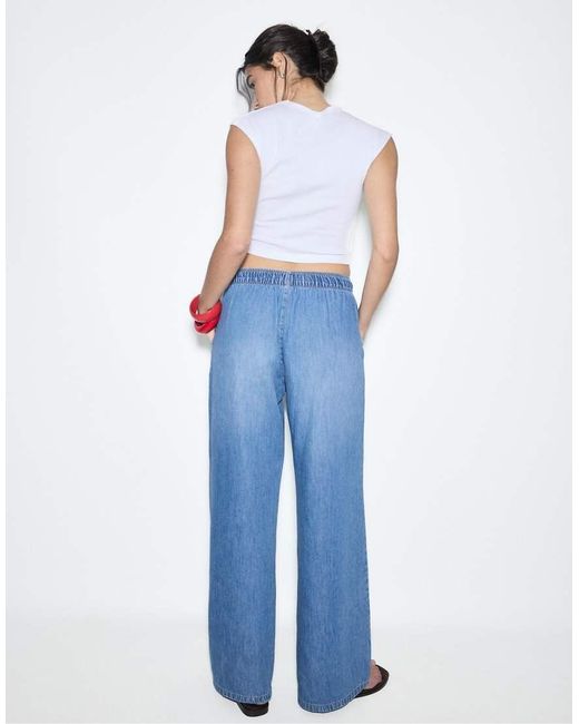 Stradivarius Blue Petite Flowy Denim Trousers With Drawstring