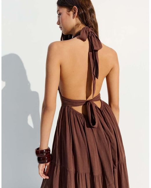 Bershka Brown Long Rustic Halter Dress