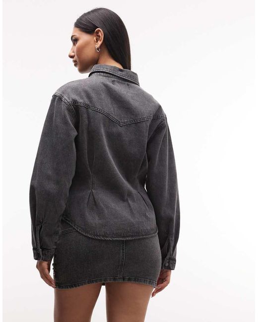 Liquor N Poker Gray Cinch Waist Denim Peplum Shirt