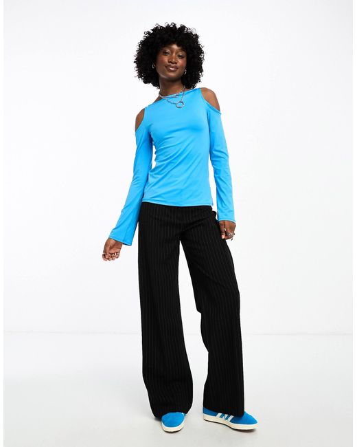 Weekday Blue Remi Cut Out Shoulder Long Sleeve Top
