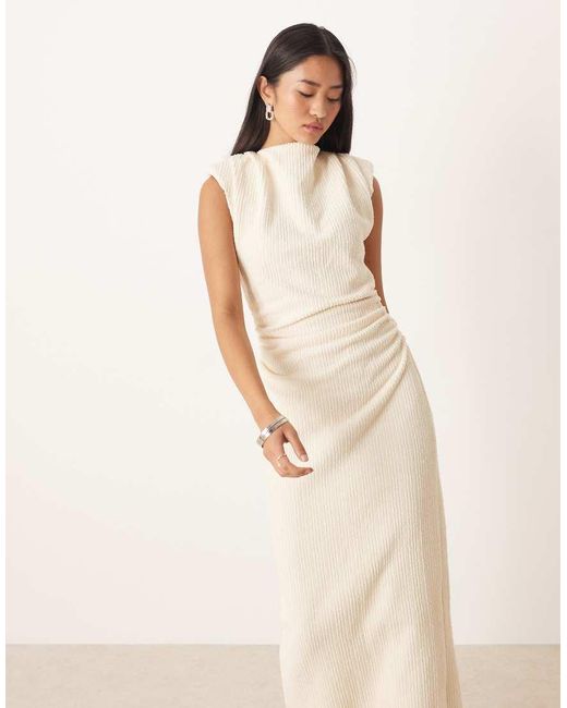 ASOS Natural Boucle Sleeveless Shoulder Pad Ruched Midi Dress