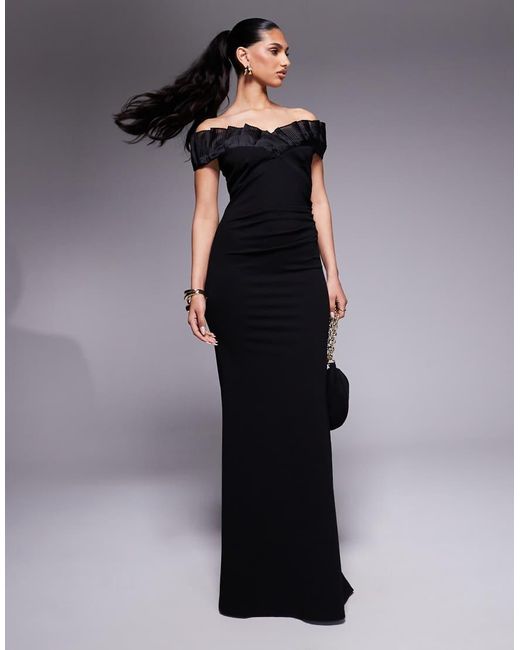 Goddiva Black Fan Pleated Bardot Scuba Crepe Maxi Dress