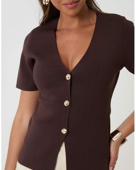 Threadbare Brown V-Neck Compact Knitted Top