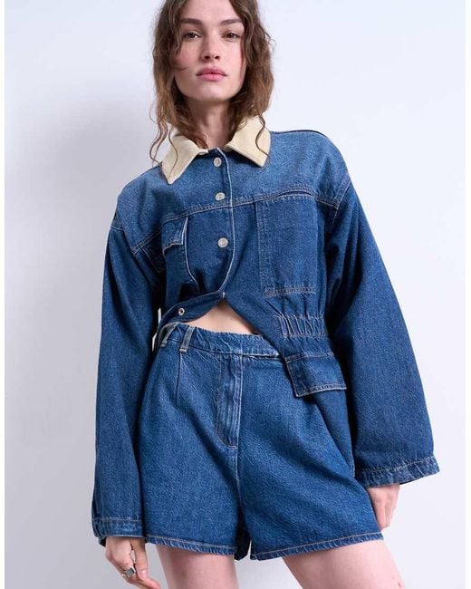 TOPSHOP Blue Denim Pleated Short