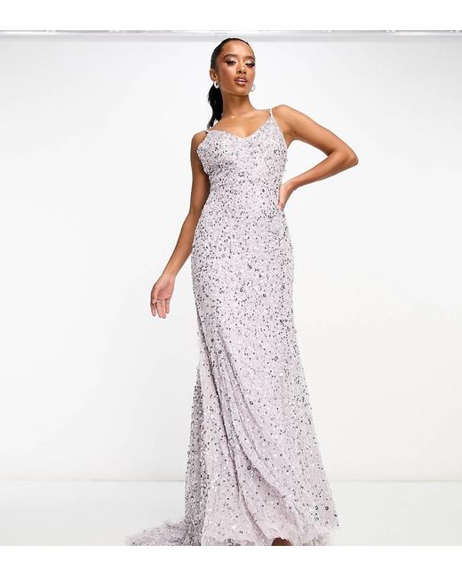 Beauut Purple Petite Bridesmaid Allover Embellished Cami Slip Maxi Dress With Train