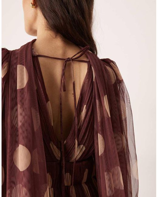 LACE & BEADS Brown Tulle Scarf Neck Mini Dress