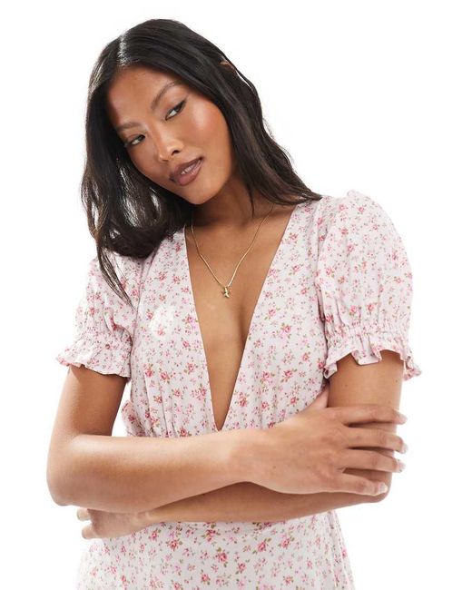 Miss Selfridge Pink Printed Spun V Neck Mini Tea Dress
