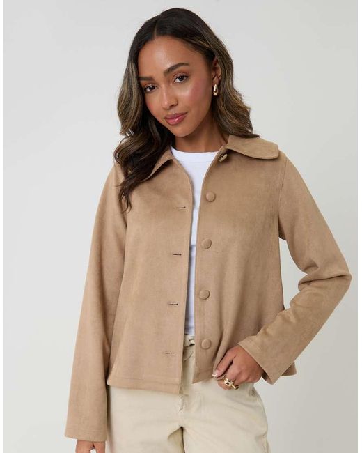 Threadbare Natural Faux Suede Peter Pan Collar Cropped Jacket