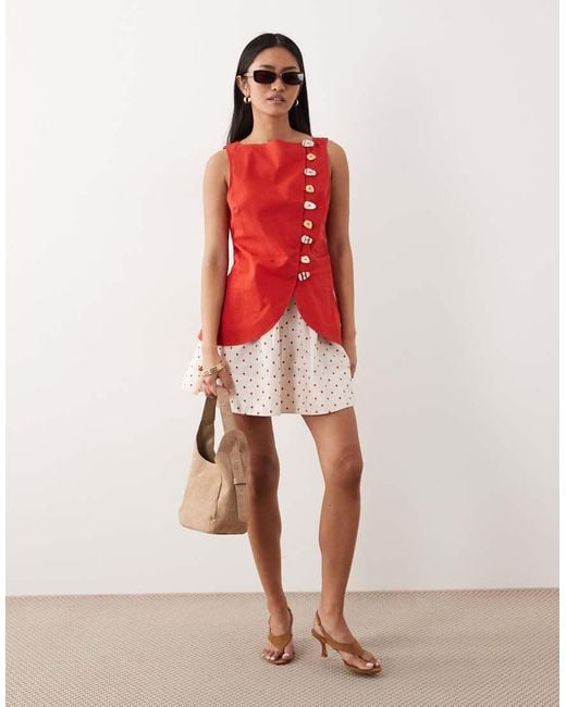 ASOS Red Linen Look Waistcoat Mini Dress With Poplin Skirt