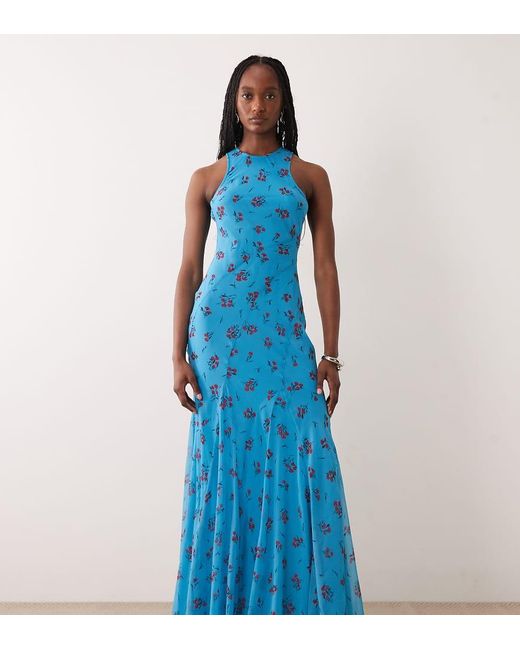 ASOS Blue Asos Design Tall Racer Neck Bias Maxi Dress With Godet Hem
