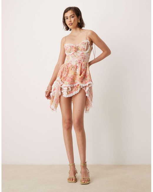For Love & Lemons Elea Lace Trim Frill Mini Dress in Natural | Lyst For Love & Lemons Elea Lace Trim Frill Mini Dress in Natural | Lyst