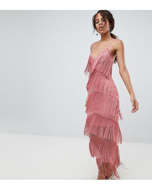 ASOS Pink Asos Design Tall Fringe Mesh Strappy Maxi Bodycon Dress