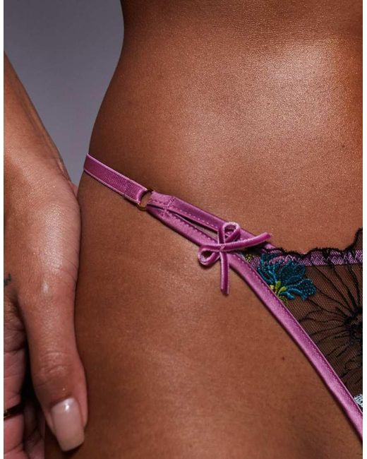 ASOS Brown Jamie Floral Embroidered Tanga Thong With Satin Binding
