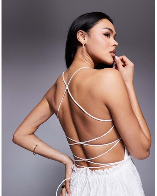 Love Triangle White Embroidered Midaxi Dress With Shirred Waist And Lace Up Back