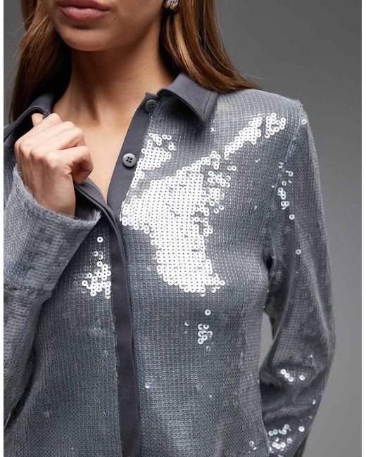 ASOS Gray Co-Ord Glass Sequin Shirt With Contrast Collar