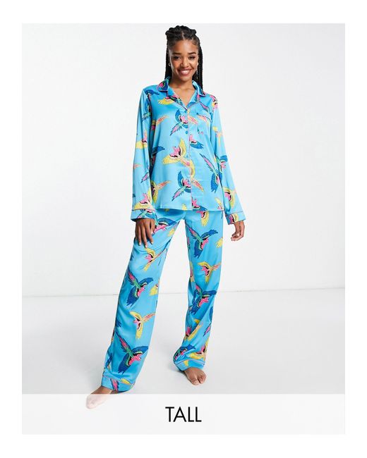 Chelsea Peers Premium - Satijnen Pyjamaset Van Top Met Reverskraag En Broek in het Blue
