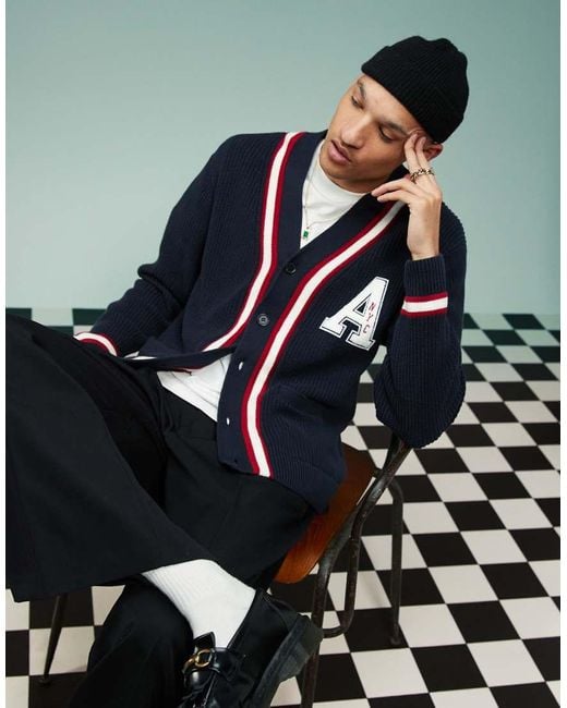 Abercrombie & Fitch Blue Varsity Logo Tipped Knit Cardigan for men
