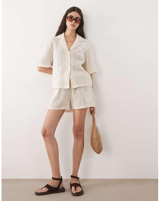 ASOS Natural Open Knit Revere Shirt Co-Ord With Cornelli Detail
