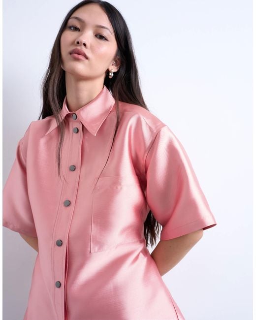 topshop pink shirt dress TOPSHOP Structured Taffeta Shirt in Pink