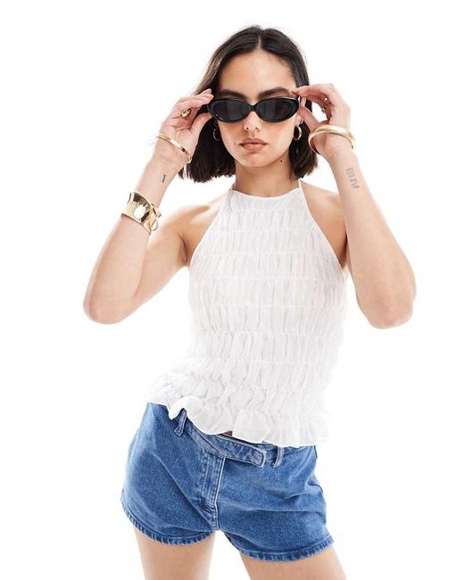 ASOS White Chiffon Halter Shirred Top