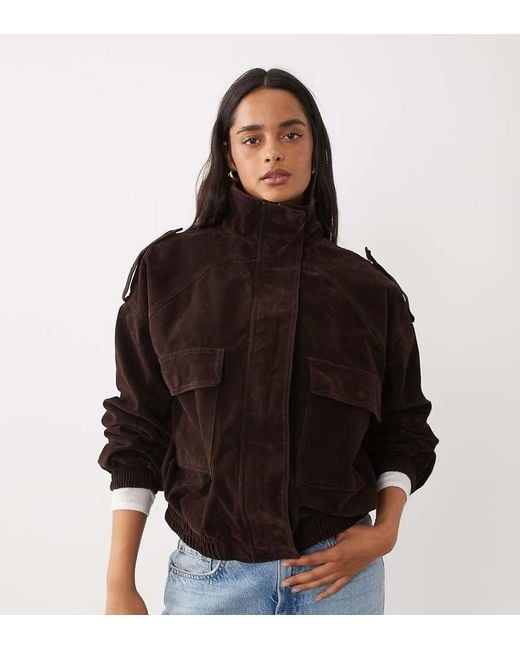 Kaiia Black Exclusive Faux Suede Cargo Pocket Front Balloon Sleeve Funnel Neck Bomber Jacket