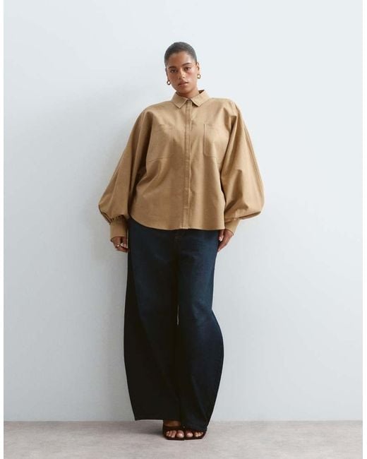 ARRANGE Brown Curve Premium Structured Balloon Sleeve Shirt