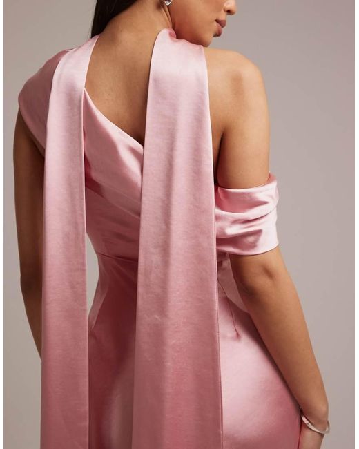 Six Stories Pink Bridesmaids Satin Drape One Shoulder Maxi Dress