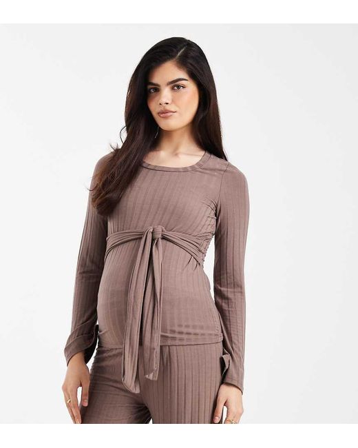Mama.licious Brown Mamalicious Maternity Tie Detail Long Sleeve Ribbed Top Co-ord