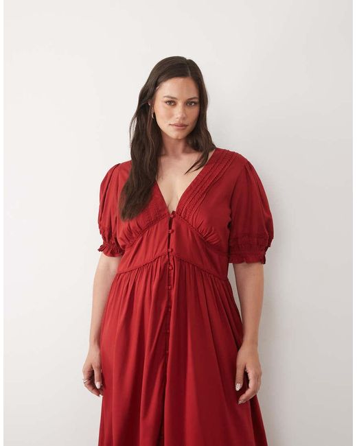 Nobody's Child Red Button Front V-neck Puff Sleeve Midi Dress
