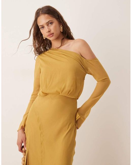 ASOS Natural Fallen Shoulder Midi Dress With Seaming Details And Tie Belt