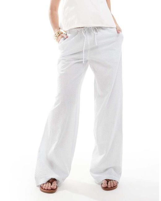 Monki White Wide Leg Drawstring Seersucker Pants