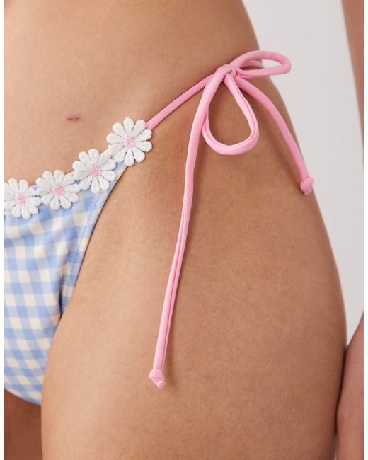 Brave Soul Blue Gingham Print Tie Side Bikini Bottoms With Flower Embroidery