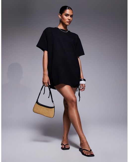 Fashionkilla Blue Cotton Ruched Tie Side Mini T-Shirt Dress