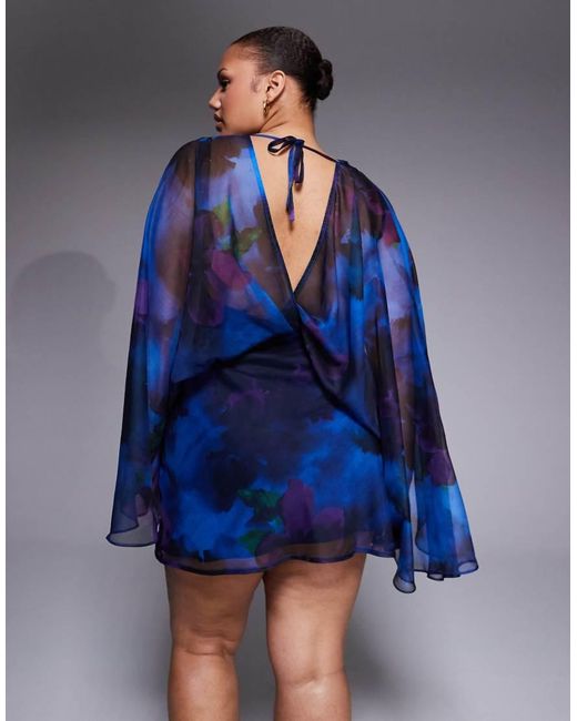 ASOS Blue Asos Design Curve High Neck Drape Front Extreme Cape Sleeve Mini Dress