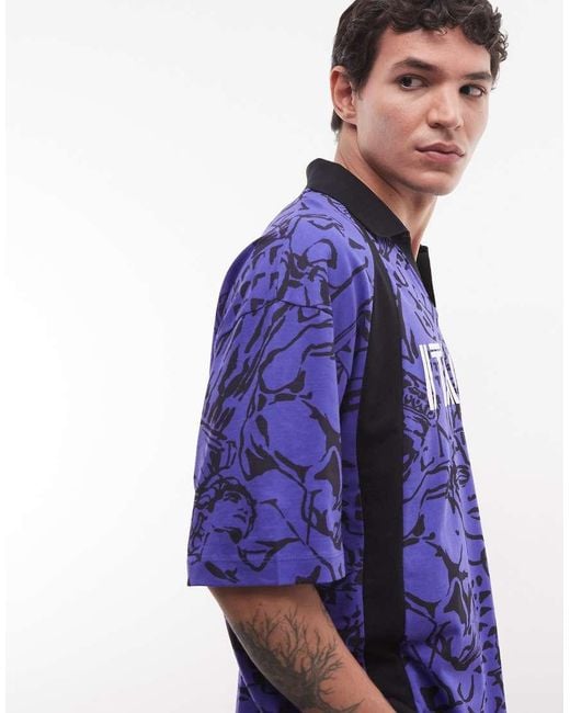 ASOS Purple Boxy Oversized Polo With All Over Print And Italy Football Graphic for men