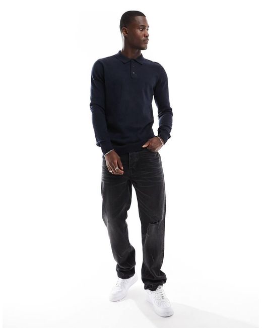 Brave Soul Blue Long Sleeve Knitted Polo for men