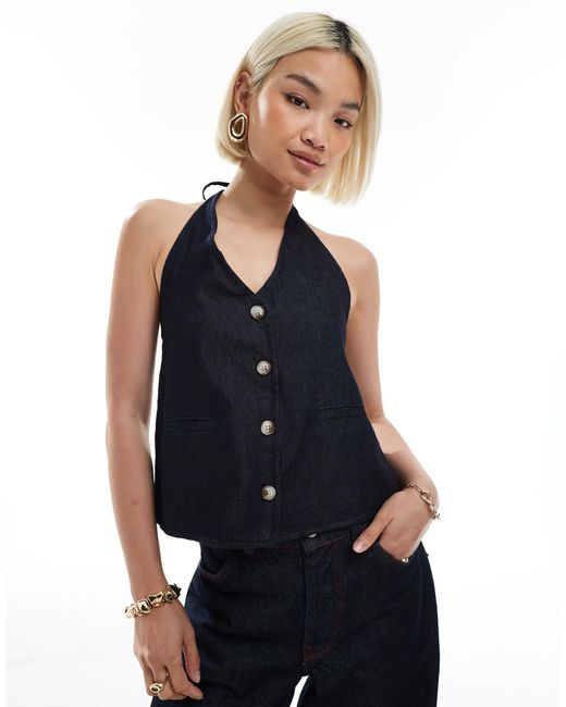ASOS Blue Denim Halter Neck Waistcoat Top With Open Back