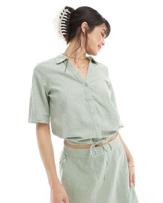 Vero Moda Green Short Sleeve Cropped Linen Shirt Co-ord